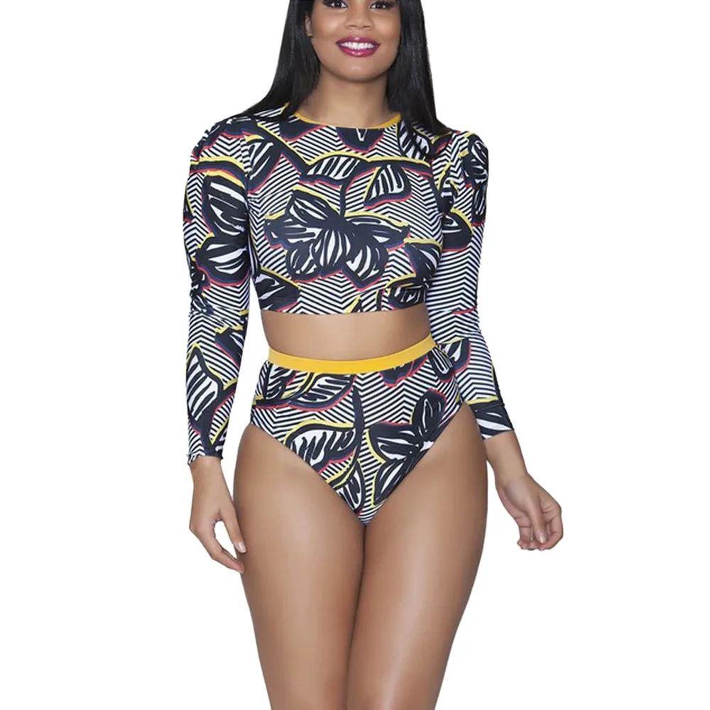 

Summer Black elegant flower print Long sleeve Plus Size Women 2Pcs Swimsuit Push Up Bikini Swimwear Bathing Monokini Suit #YL5