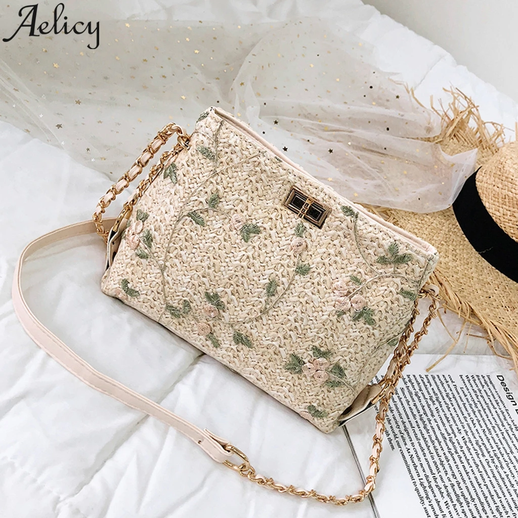 

Aelicy 2019 Women Beach Lace Embroid Straw Bucket Bag Burlap Square Bag Messenger Bag Luxury Handbags Women Bags Designer Tote