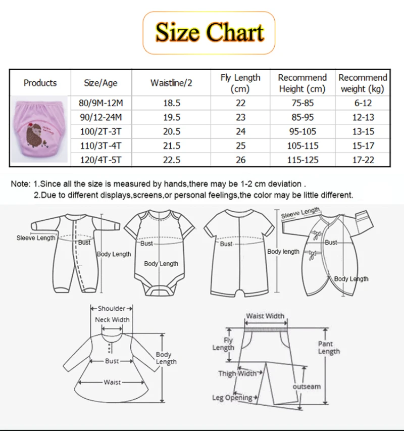 size chart for baby underwear training panties
