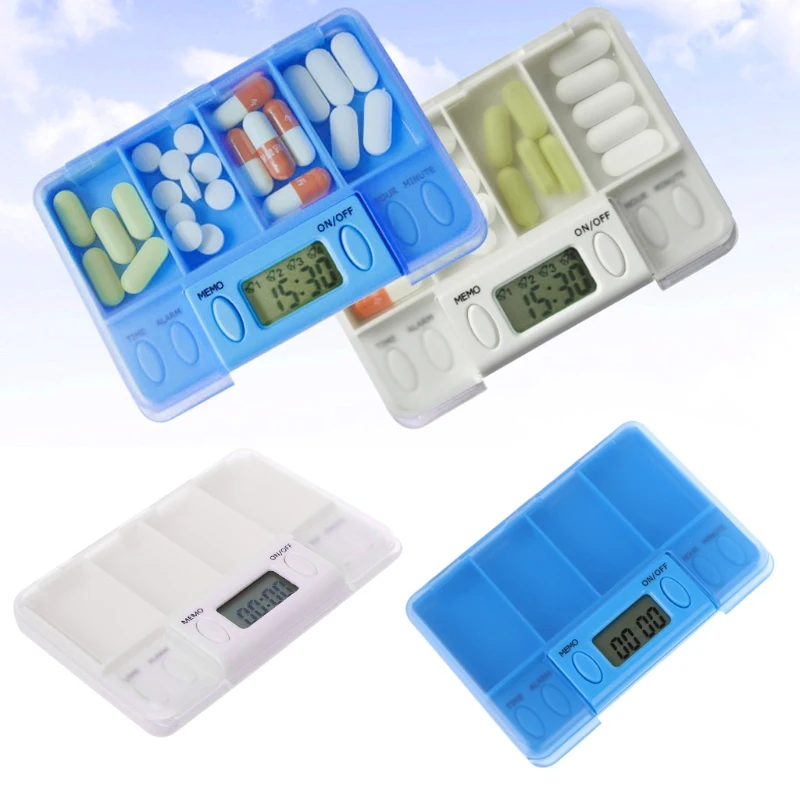 Multi-Alarm 8 Times Timer 4 Grids Medicine Box Reminder Storage Pills Case