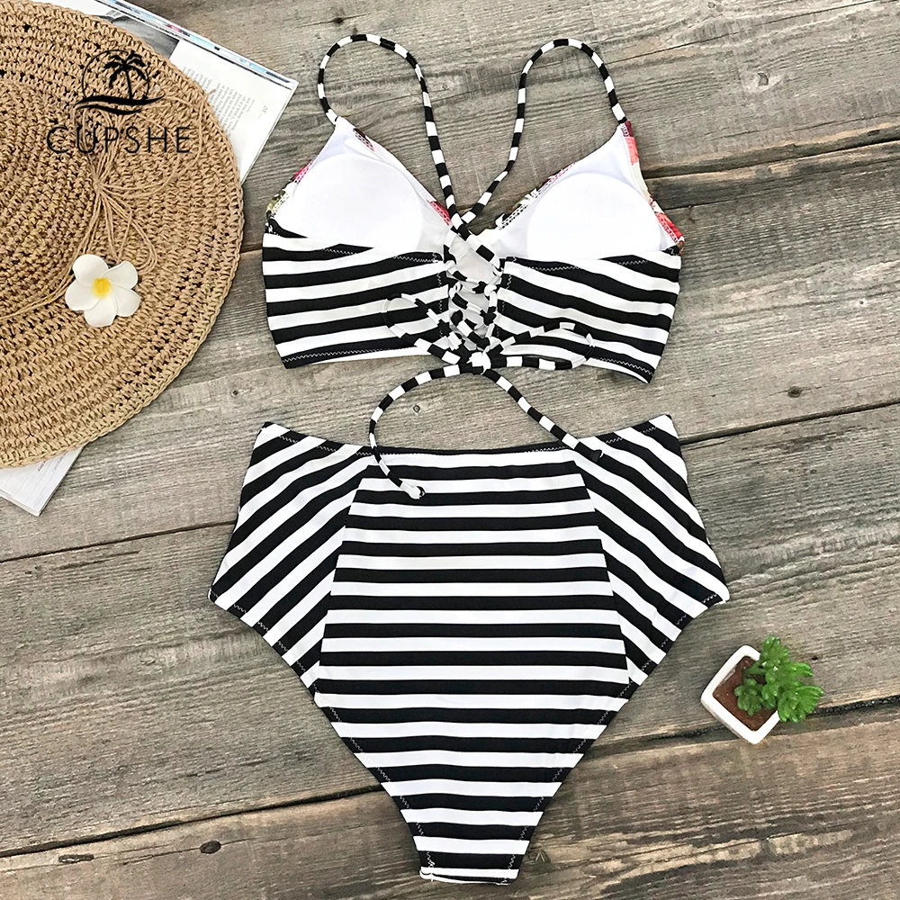 CUPSHE Floral And Stripe High Waist Bikini Sets Women Lace Up Two Pieces Swimsuits 2019 Girl Sexy Beach Bathing Suit Swimwear CUPSHE Floral And Stripe High Waist Bikini Sets Women Lace Up Two Pieces Swimsuits 2019 Girl Sexy Beach Bathing Suit Swimwear