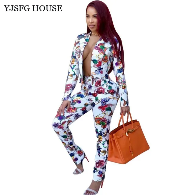 YJSFG HOUSE Elegant Women Business Suits Casual Ladies Autumn Office Work Suits 2017 Blazer And Trousers Print Two Piece Set