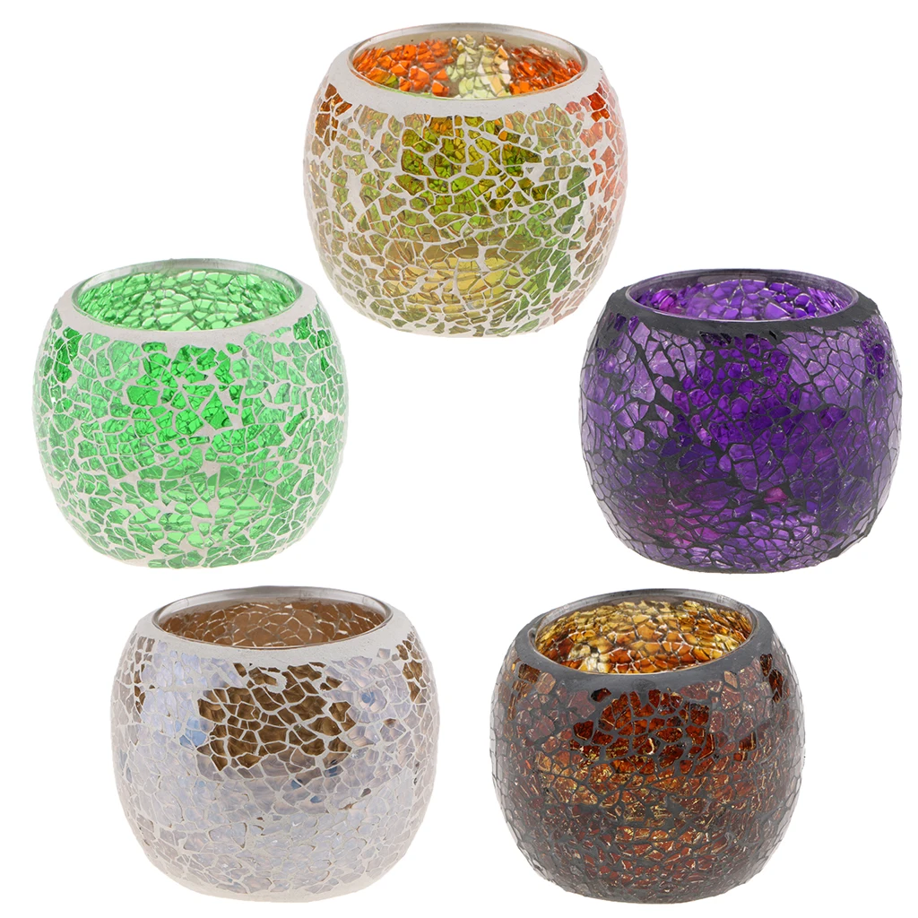 Mosaic Glass Votive Candle Tea Light Candelabra Candlestick Mood Light Lamp Shade Scented Candleholder Festive Decor 5-set