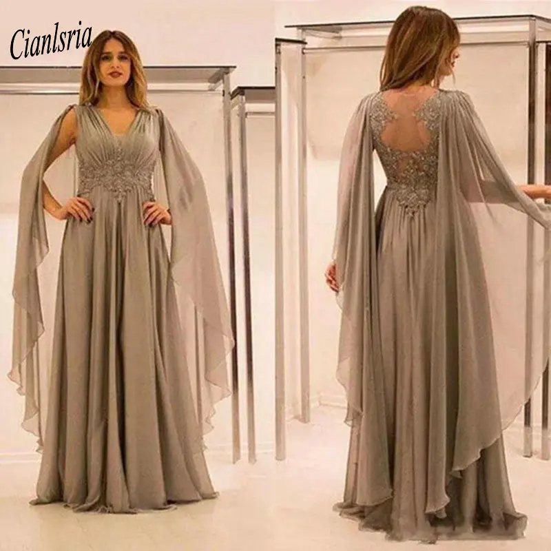 

Gorgeous V-Neck Chiffon Dubai Arabic Mother of the Bride Dresses With Draped Appliques Lace Beading Saudi Evening Party Dress