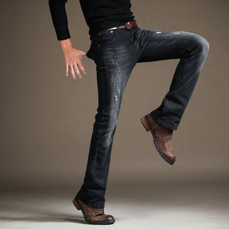 Мужская корейская мода; Слим рваные джинсы брюки для мужчин стрейч расклешенные джинсовые брюки черные синие брюки нижнего белья Свободная джинсовая Homme