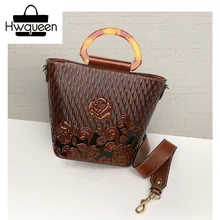 Тисненый стиль Роза цветок подлинный винтажный из бычьей кожи женская маленькая сумка-мешок с пластиковой ручкой женская сумка через плечо