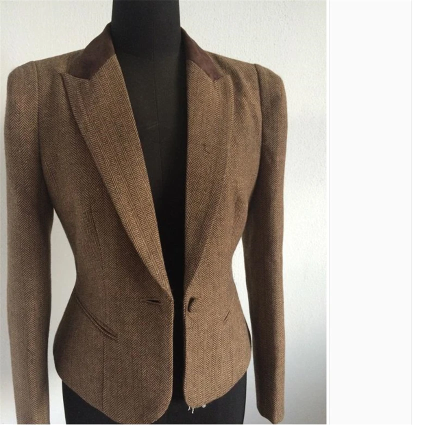 Seller SHOWERSMILE Ladies Blazers British Style Womens Tweed Jacket Herringbone Woolen Vintage Coffee Spring Women Blazers And Jackets