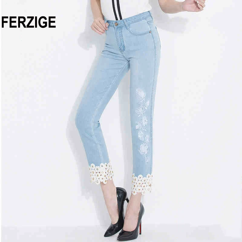 

FERZIGE Jeans Women Embroidered Floral Hollow Out Straight Slim Light Blue Elastic Ladies Ankle-length Cropped Pants Push Up Hot