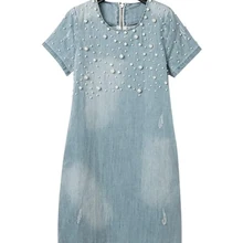 Летние свободные синие джинсовые платья для женщин, плюс размер, короткий рукав, о-образный вырез, женское джинсовое платье с эффектом потертости, Vestidos 4XL 5XL 50