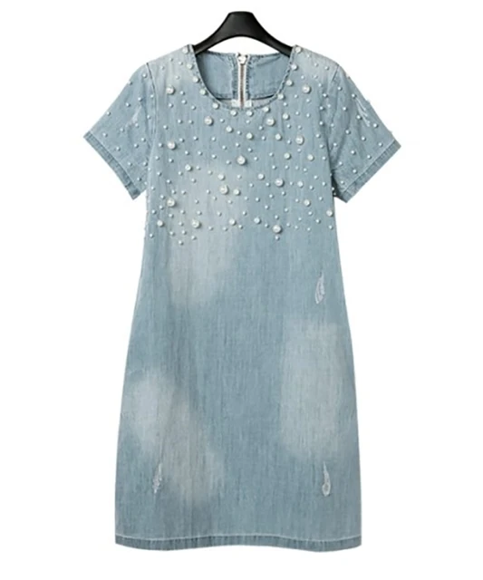 US $10.96 2018 Summer Loose Blue Jeans Dresses for Women Plus Size Short Sleeve O Neck Women Denim Dress Wash