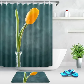 

Any Size Yellow Tulip Bud Green Leaf Vase Pretty Shower Curtain Liner And Mat Set Bathroom Waterproof Fabric For Bathtub Decor