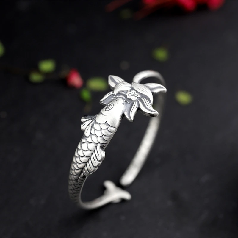 

LouLeur 999 sterling silver Carp lotus bangles silver handmade Carp trick lotus adjustable 999 bangels for women jewelry charms