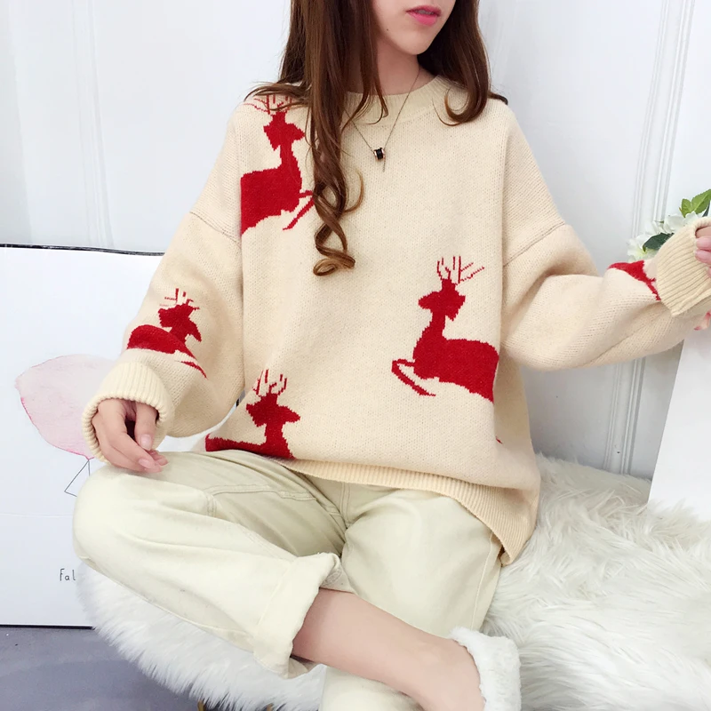 H. SA уродливый свитер с рождественским оленем, женский зимний хлопковый джемпер с круглым вырезом красного и бежевого цвета, вязаный пуловер, женский свитер