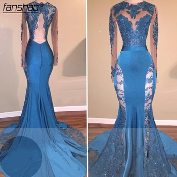 

Blue Prom Dresses Illusion Mermaid Long Sleeves Lace Backless Party Maxys Long Prom Gown Evening Dresses Robe De Soiree