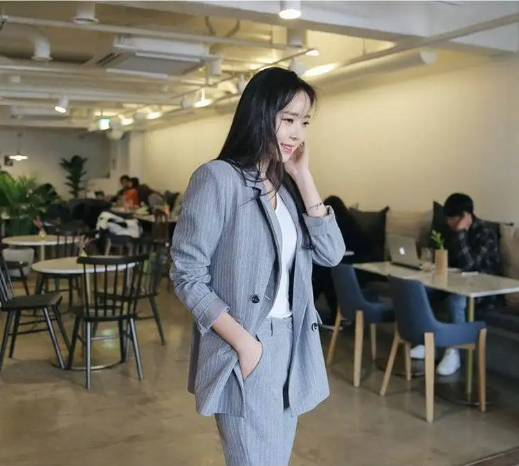 2019 Spring Work Pant Suits OL 2 Piece Sets Double Breasted Striped Blazer Jacket & Zipper Trousers Suit For Women Set Feminino 2019 Spring Work Pant Suits OL 2 Piece Sets Double Breasted Striped Blazer Jacket & Zipper Trousers Suit For Women Set Feminino