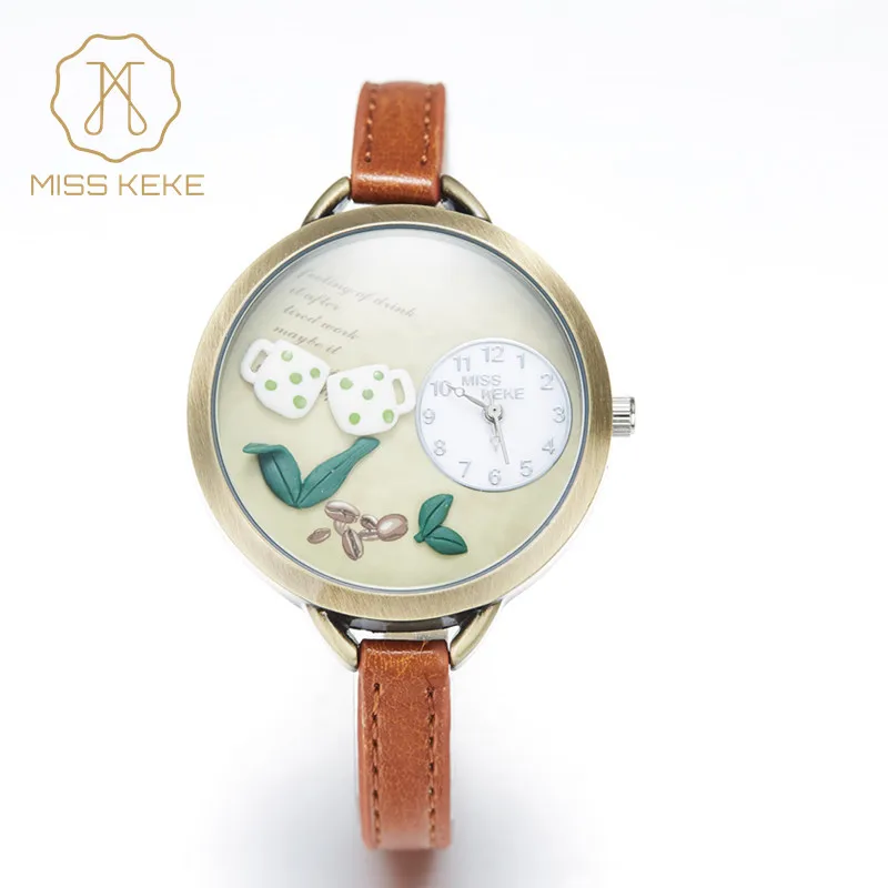 Часы Miss Keke Real Coffee Mini World подарок на день памяти женские кварцевые кожаные