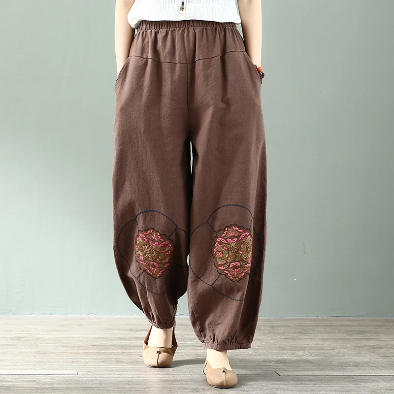

Cotton 2019 Autumn "Women Trousers Embroidered Trousers National Slacks Loose Elastic Waist Loose Women Pants YoYiKamomo