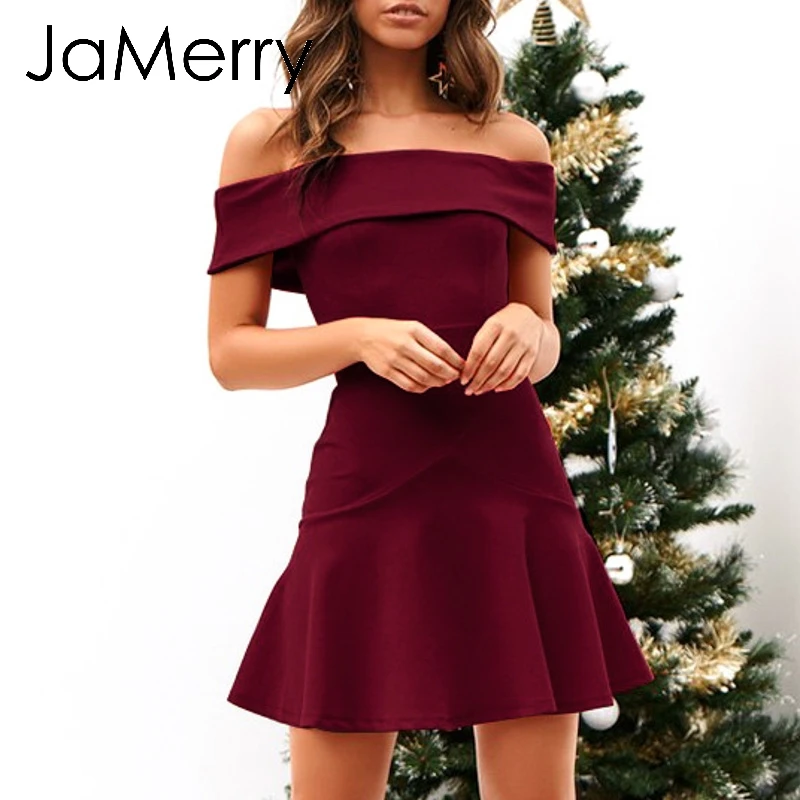 JaMerry винтажное элегантное женское платье с открытыми плечами однотонное