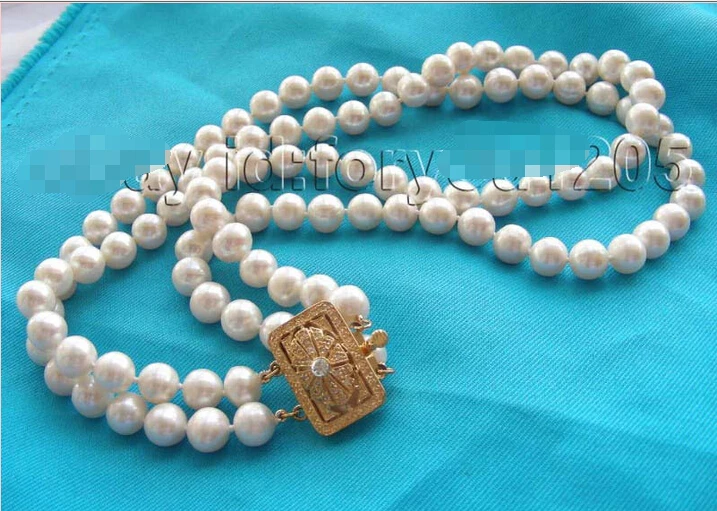 

FREE SHIPPING 2rows Natural 9mm White Round Pearl Necklace Zircon