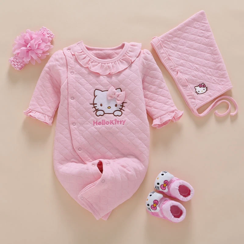 

Newborn Baby Girl Clothes Winter Romper Cotton Infant Baby Jumpsuit Photography 4pcs/Set Baby Headband+Hat+Sock 0 3 6 9 12 Month