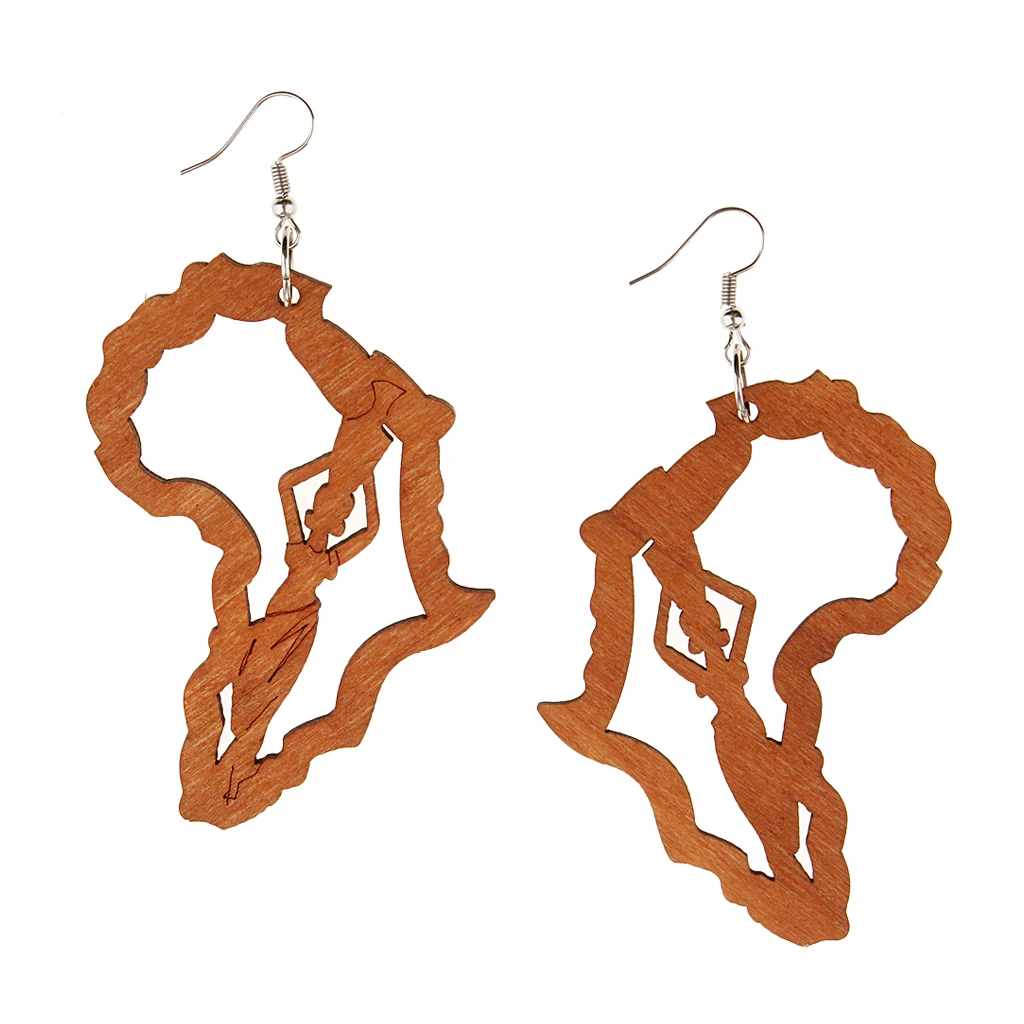 Retro Ethnic Natural Women Girl Wooden African Map Tribal Drop Hoop Earring 