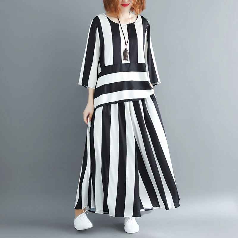 

#0858 Asymmetrical Tops And Blouses Oversize Loose Two Piece Set Top And Pants Black White Striped Casual Beach Outfit Pants Set