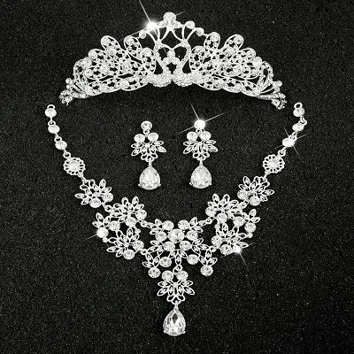Hot Sale Sliver Plated Rhinestone Crystal Necklace+Earrings+Tiara 3pcs Jewelry Set For Bride Bridal Wedding Accessories (2)
