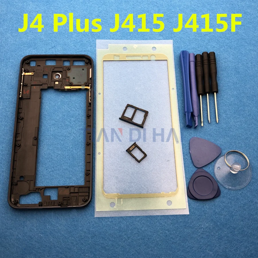 J4+ Корпус Запасные насадки для ремонта для samsung Galaxy J4 Plus J415 SM-J415F средний корпус крышка рамка Корпус для телефона+ наклейка+ Инструменты