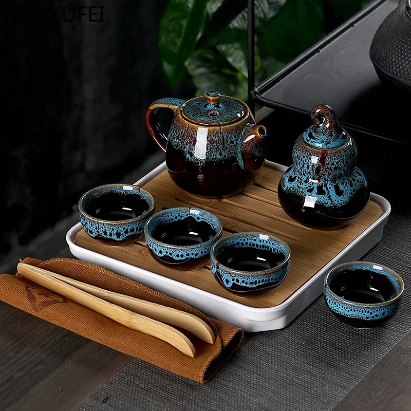  A set of creative simple portable tea tray travel tea set kiln Chinese Kung Fu tea set tea can be p