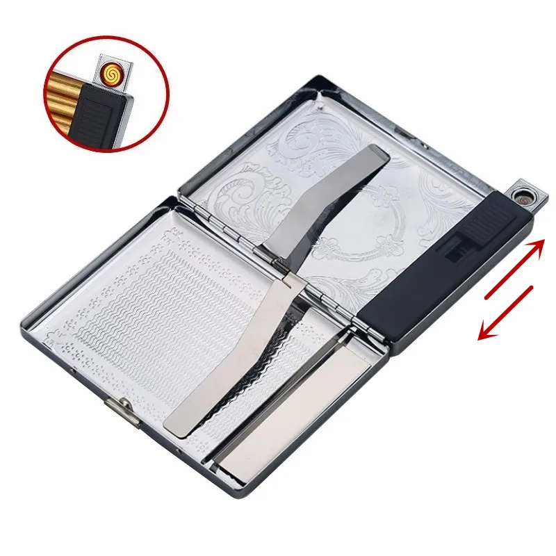

20 sticks Metal Electronic USB Cigarette Case Lighters Charging Electric Wire Windproof Lighter Cigarette Box Smoker Gift
