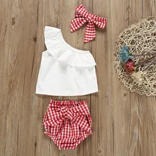 Белые кружевные топы с оборками на одно плечо для маленьких девочек+ клетчатые шорты с бантом+ костюм с повязкой на голову, милая летняя одежда