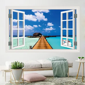 

3D Removable Beach Sea 3D Window Scenery Wall Sticker Home Decor Decals Mural Waterproof Art Wall Paper Poster