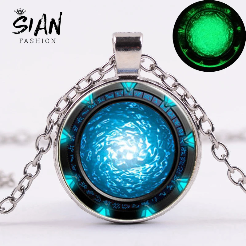 

SIAN Glow In The Dark Stargate Portal Atlantis Long Necklace Handmade Art Photo Glass Cabochon Pendant Necklace TV Drama Jewelry