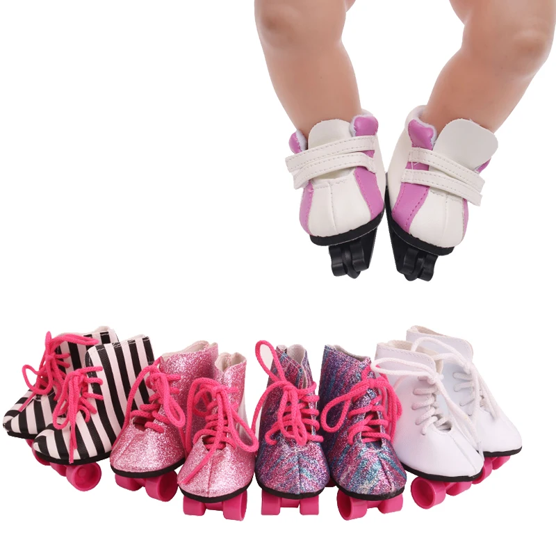 43 см Детские куклы обувь для новорожденных модные белые фиолетовые роликовые коньки шкив обуви детские игрушки подходят американским 18 дюймовым девочкам кукла g17