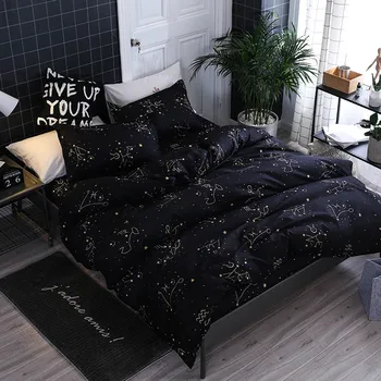 

Four-Piece Dream Star Print Black Polyester Bedding Ethnic Style Simple Plain Quilt Cover Full Size Pillowcase L626