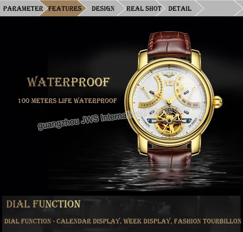 Роскошные брендовые автоматические механические часы GUANQIN, мужские водонепроницаемые светящиеся часы с календарем, кожаные золотые наручные часы