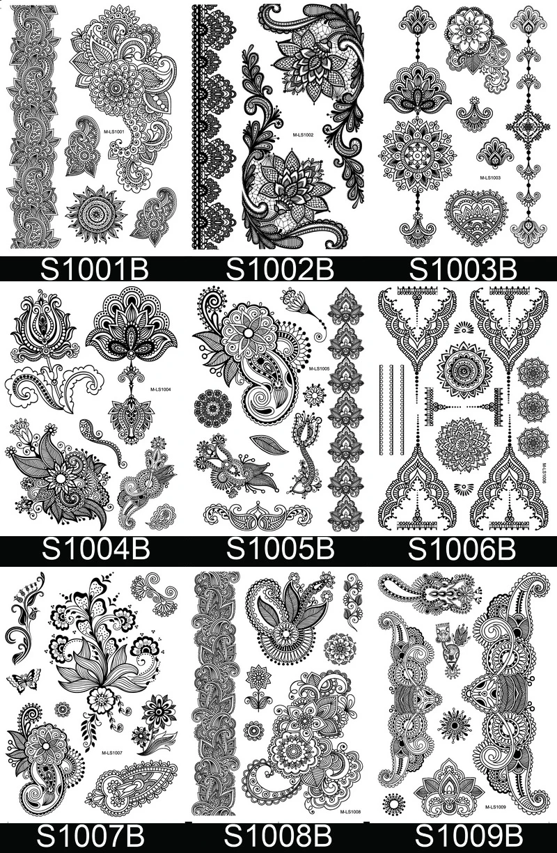 Модные поддельные татуировки сделанные хной черной вспышки татуировки Временные наклейки водонепроницаемые арабские индийские свадебные кружева руки ноги стиль лицо татуировки