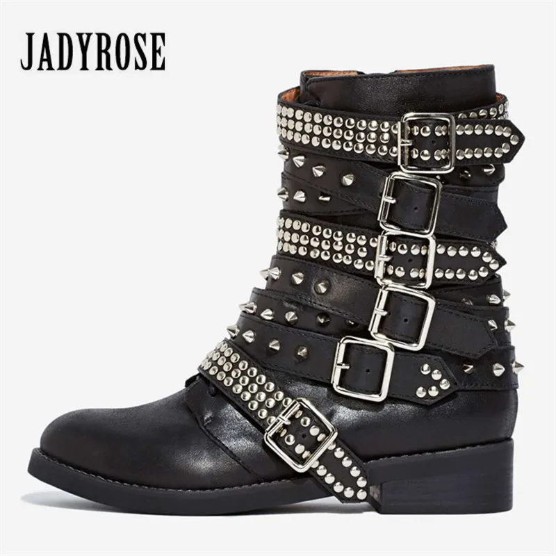

Jady Rose Full Rivets Genuine Leather Women Martin Boots Straps Flat Ankle Boots Platform Rubber Botas Mujer Valentine Shoes