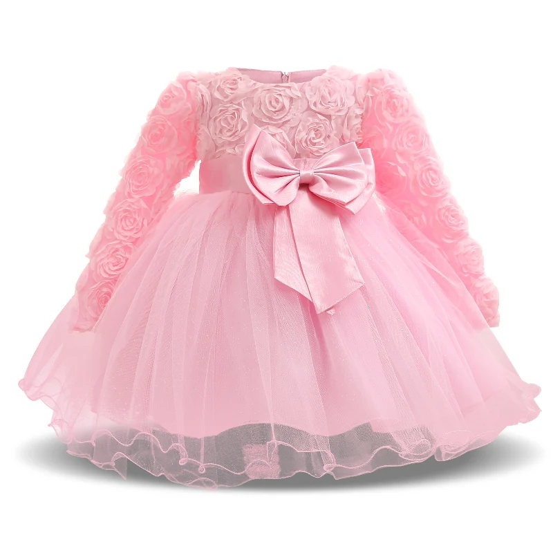 Винтажное кружевное платье на крестины для маленьких девочек г., платье-пачка принцессы с большим бантом на первый день рождения - Цвет: Pink
