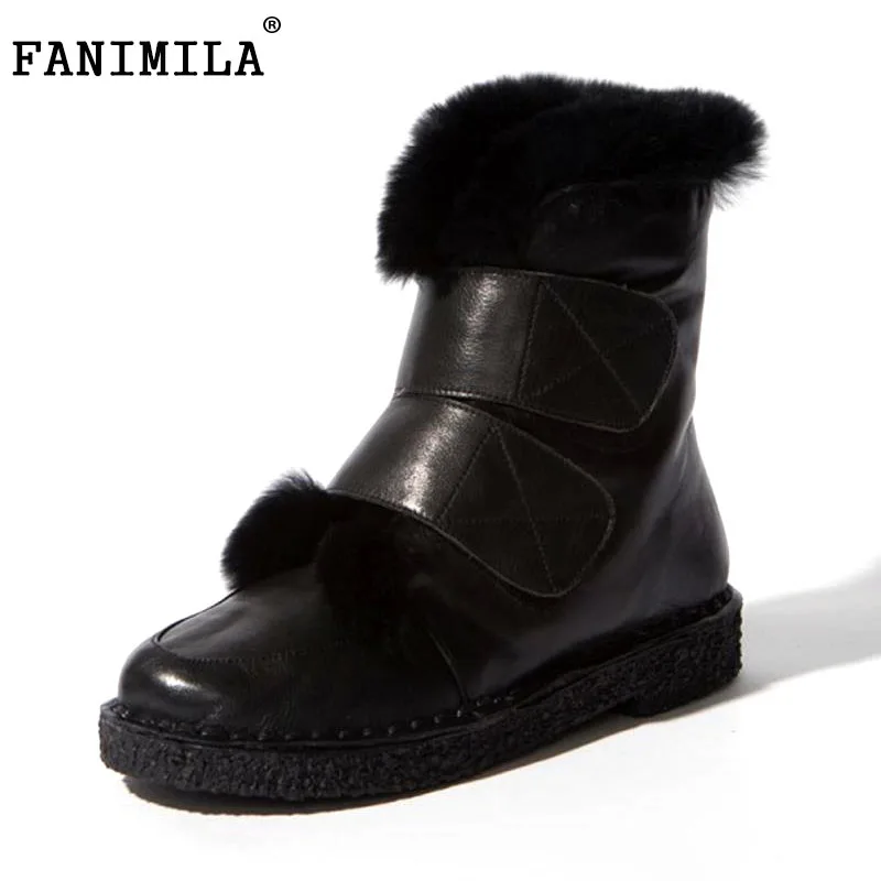 

FANIMILA Women Genuine Leather Thick Fur Shoes Flats Boots Warm Half Short Boots For Cold Winter Botas Women Footwear Size 34-39