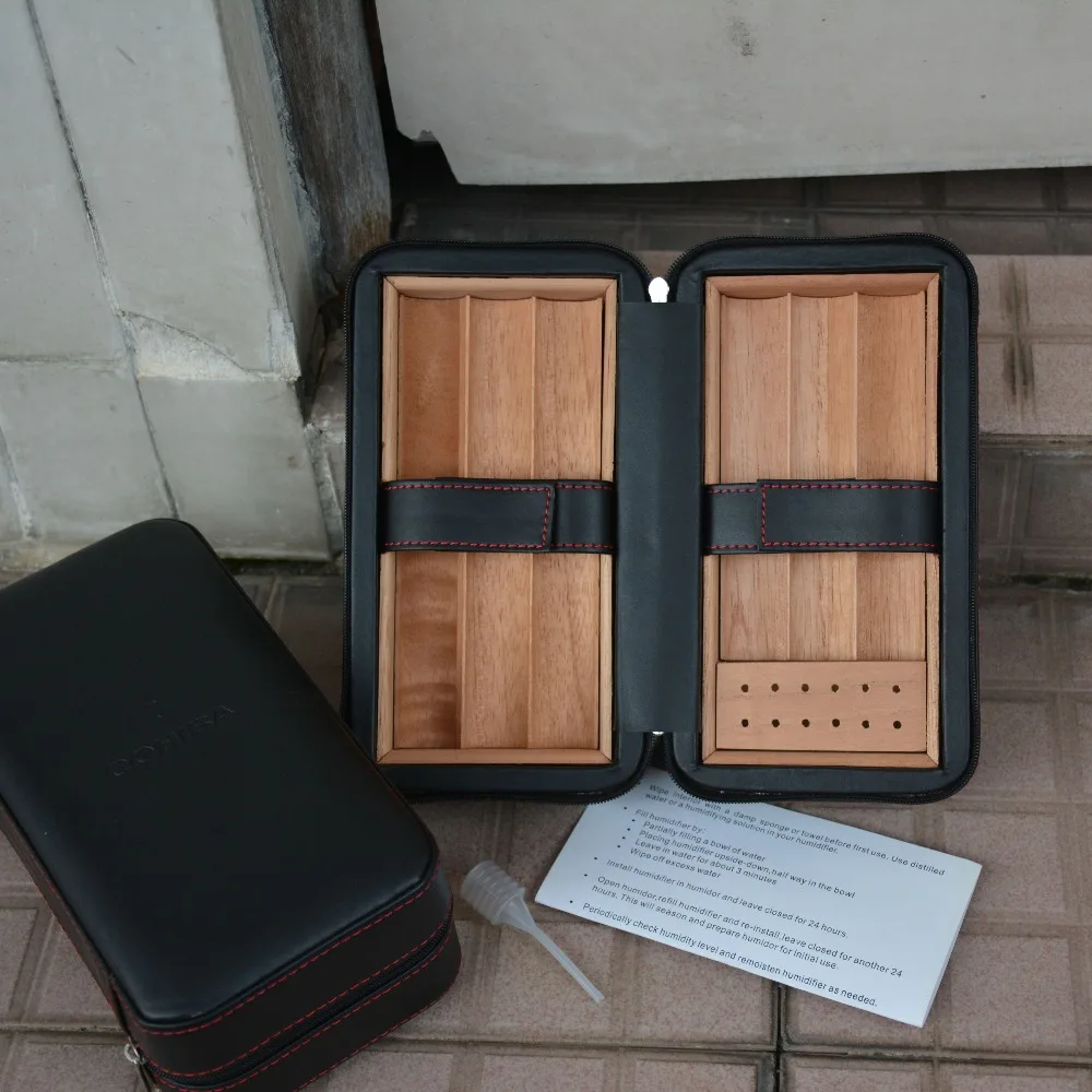 Portable Leather Cigar Travel Cedar Wood Lined Humidor with Humidifier /& Tray