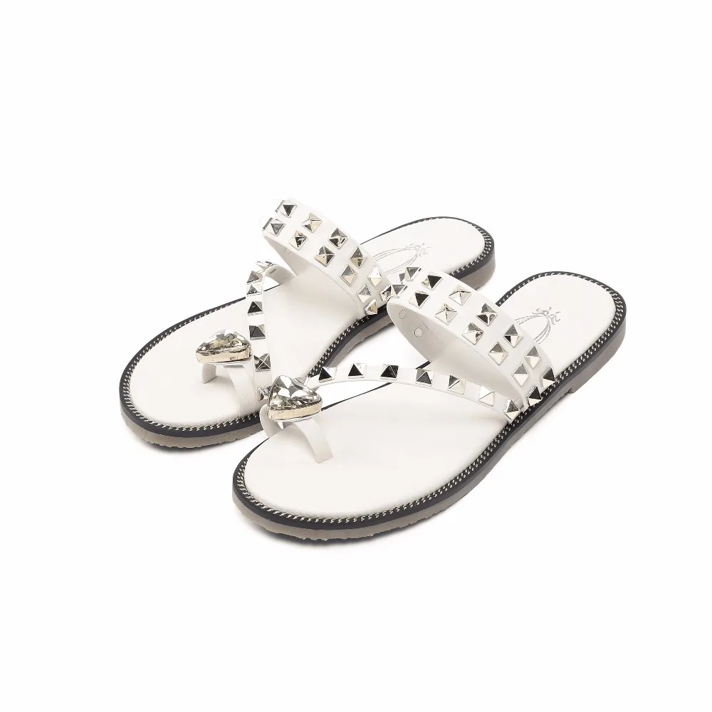 2018 Strass D'été Véritable Rivet Cuir Arden En green Femme Cristal Diapositives Mode Chaussures De Pantoufles Occasionnels Furtado Appartements Blanc Dames Beige 65AwBq
