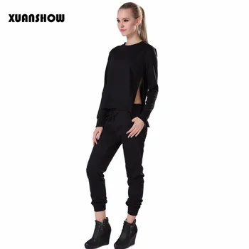 

2018 Tracksuits for Women Sexy Long Sleeve Cotton Split Irregular Solid Hoodies Sweatshirt + Long Pant Sets Ladies 2 Piece Set
