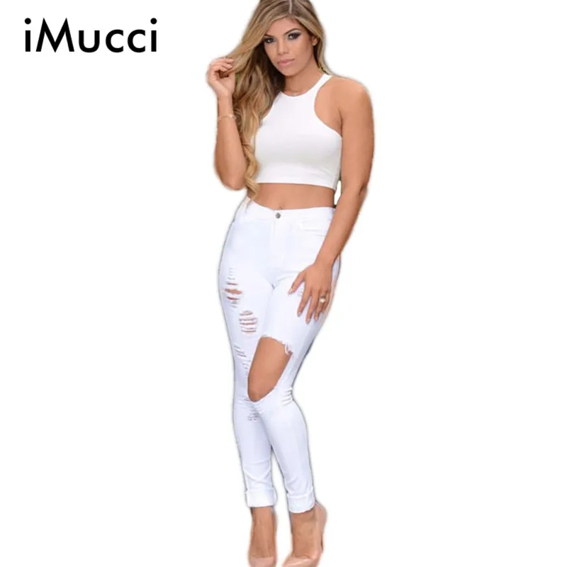 

High Waist Hole Skinny Jeans Woman 2016 New Light Washed Zipper Fly Ripped Pencil Pants Jeans Women Casual Pantalon Jean Femme