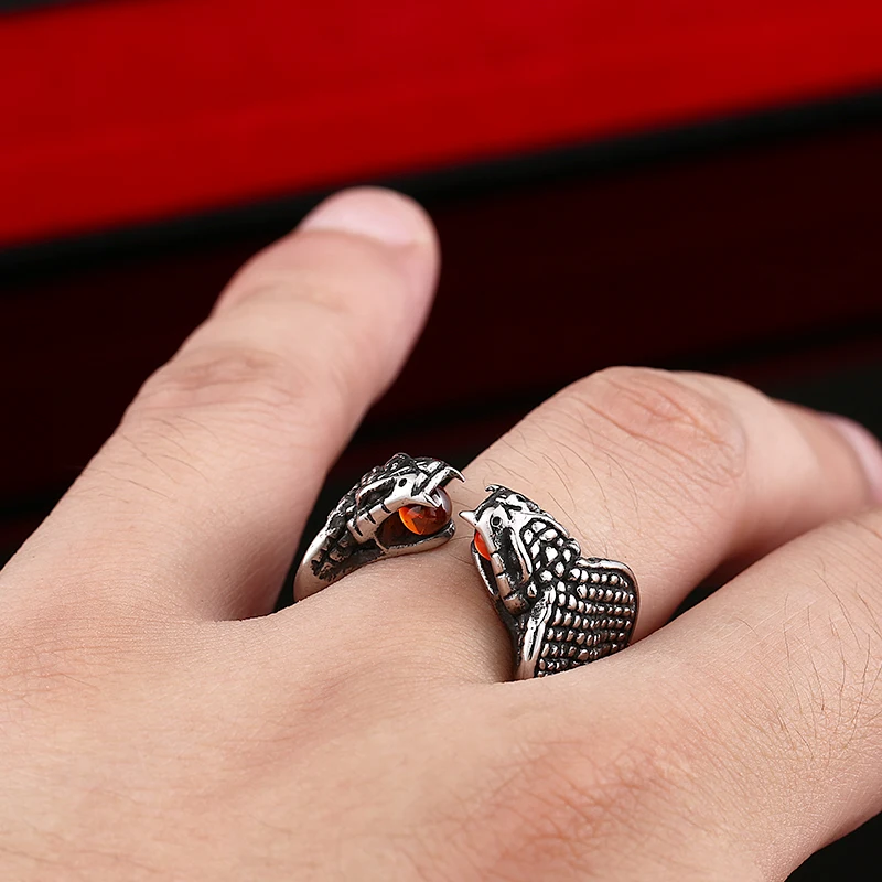 Кольцо из нержавеющей стали с двойной змеей с красным камнем панк крутые байкерские украшения кольцо