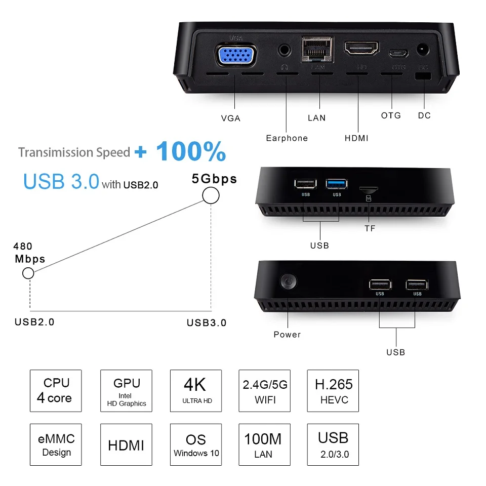 T11 Мини ПК Win10 Z8350 Мини ПК компьютер Intel Atom x5-Z8350 1,92 GHz 4GB ram Windows 10 Linux HDMI VGA HDD настольный компьютер