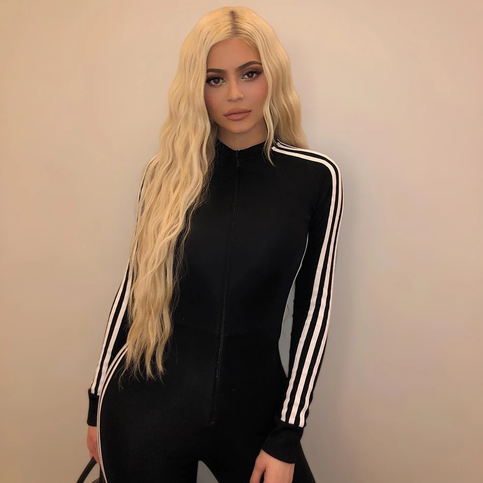 

Women's Sport Jumpsuit 2019 New Autumn KylieJenner Black Jumpsuit Figure Hugging Gym Wear Catsuit Long Sleeve Striped Tracksuit
