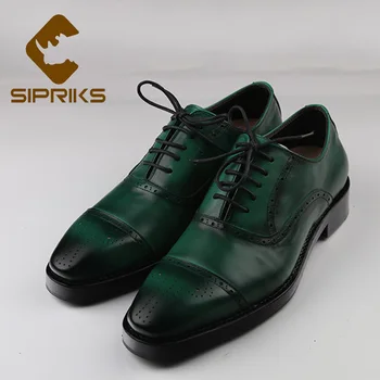 

Sipriks Mens Double Leather Sole Dress Shoes Italian Bespoke Blake Welted Shoes Patina Green Leather Brogues Oxfords Full Carved