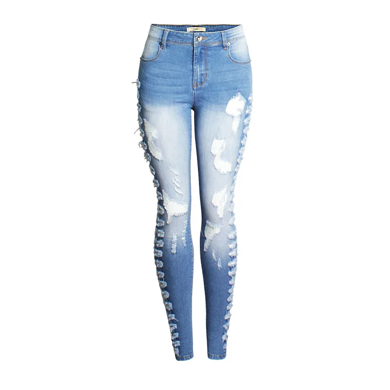 Top Quality Europe Bleached Hole Ripped Jeans Women Fashion Cotton Slim