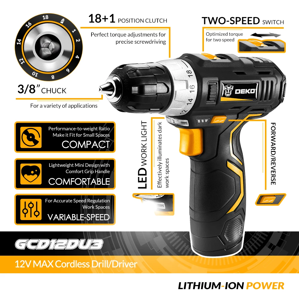 DEKO GCD12DU3 12V Max Household Power Tool Electric Screwdriver with LED Light 2 Speed Cordless Drill with 2 Battery Y Box BMC